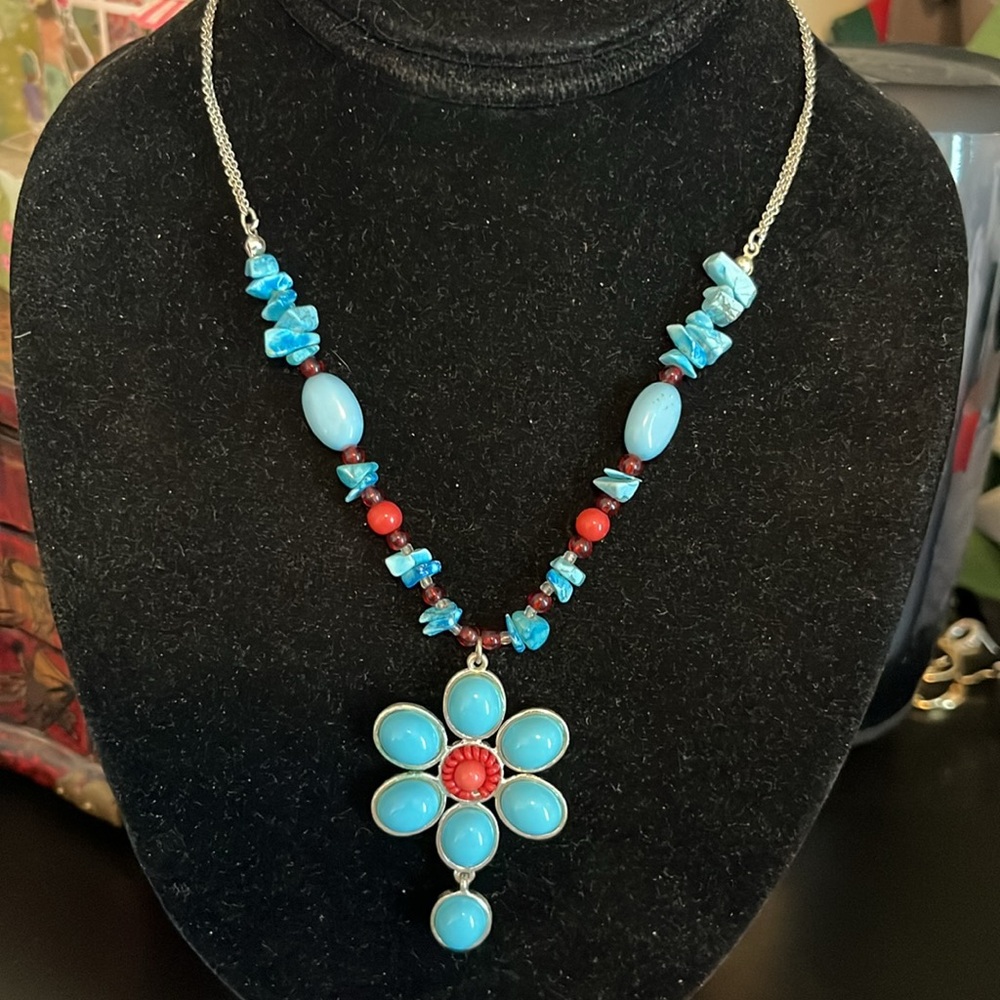 Turquoise and Red Floral Necklace